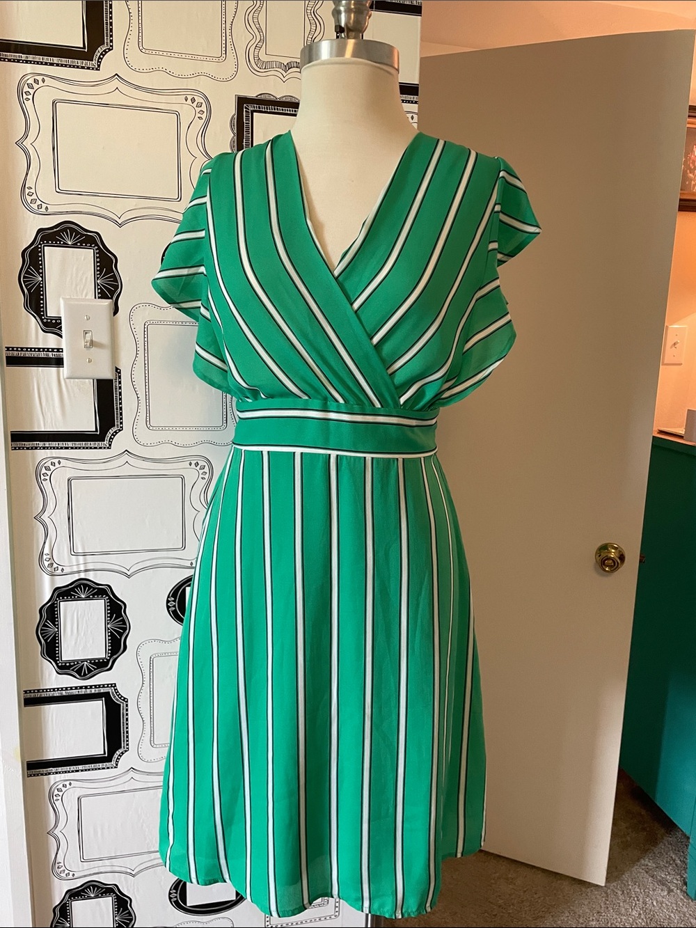 Monteau Green and White Striped Midi Dress